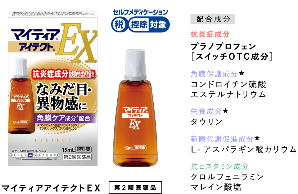 マイティアアイテクトEX 第２類医薬品 セルフメディケーション税控除対象 配合成分 抗炎症成分プラノプロフェン［スイッチＯＴＣ成分］ 角膜保護成分★コンドロイチン硫酸エステルナトリウム 栄養成分★タウリン 新陳代謝促進成分★Ｌ-アスパラギン酸カリウム 抗ヒスタミン成分クロルフェニラミンマレイン酸塩